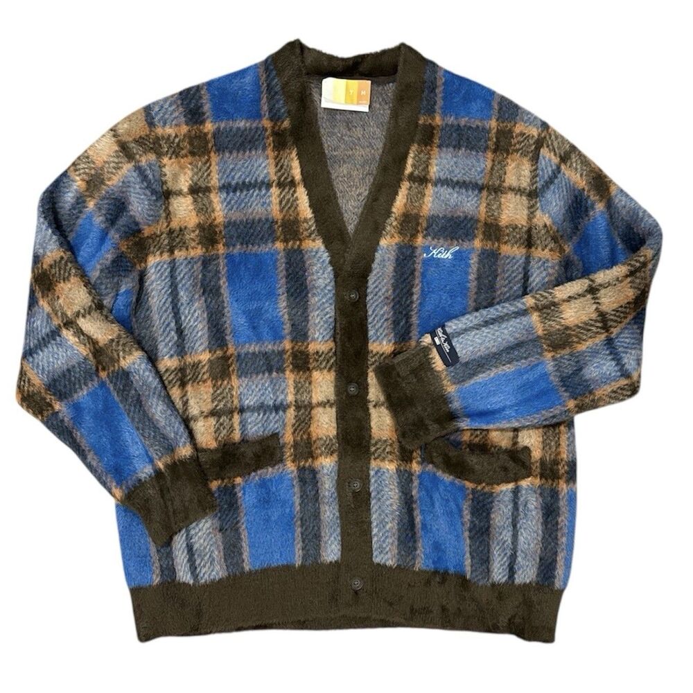 KITH Plaid Mohair Cardigan Sweater XL Brown Blue luxury Streetwear Buttons Logo